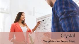  Presentation with team planning - Presentation theme having business startup planning strategy and people concept - happy creative team with scheme on flipboard at office background and a coral colored foreground