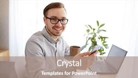  Presentation with home office - PPT layouts featuring business startup technology and people concept - happy businessman or creative male worker texting on smarphone and drinking coffee at home office background and a coral colored foreground