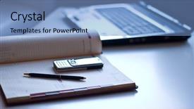  Presentation with office life - Cool new PPT theme with laptop notebook mobile phone backdrop and a teal colored foreground