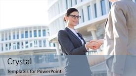 Presentation with shaking hands - Colorful PPT theme enhanced with business structure - happy businesswomen shaking hands outside backdrop and a  colored foreground