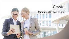  Presentation with using digital tablet - Theme having business structure - happy businesswomen using digital tablet background and a  colored foreground
