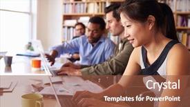  Presentation with busy - Amazing slide deck having business students - businesswoman using laptop at desk backdrop and a tawny brown colored foreground