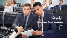  Presentation with camera - Slides enhanced with business studies - two businessmen looking at camera background and a tawny brown colored foreground