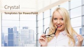  Presentation with secretary - Colorful slides enhanced with business style and people concept - smiling businesswoman student or secretary with eyeglasses over office window with city view background backdrop and a cream colored foreground