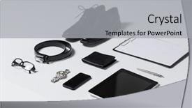  Presentation with clothes - Presentation theme having business style clothes and objects background and a light gray colored foreground