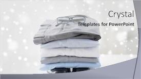  Presentation with housekeeping - Colorful presentation theme enhanced with business style clothes housekeeping and objects concept - close up of ironed and folded shirts and formal shoes on table at home over snow effect backdrop and a white colored foreground