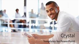  Presentation with tablet - Amazing presentation theme having business success - portrait of man in office backdrop and a coral colored foreground