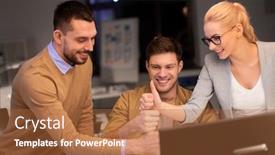  Presentation with coworkers - Slide set consisting of business success and teamwork concept - happy coworkers with computer working late at night office making thumbs up gesture background and a red colored foreground