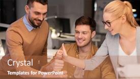  Presentation with coworkers - PPT theme having business success and teamwork concept - happy coworkers with computer working late at night office making thumbs up gesture background and a coral colored foreground