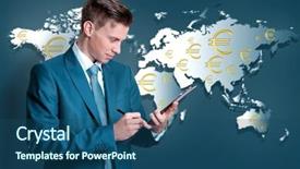  Presentation with strategy - Theme featuring business success strategy concept portrait of businessman on world map background background and a ocean colored foreground