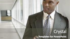 Presentation with african american business - Amazing slide deck having business suit - african american businessman holding mobile backdrop and a dark gray colored foreground