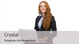  Presentation with laptop - PPT theme having business suit - businesswoman with laptop isolated background and a  colored foreground