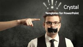  Presentation with employee - PPT theme consisting of business suit with drawn exclamation background and a dark gray colored foreground