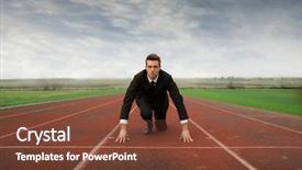  Presentation with kneeling - PPT theme with business suits competition - businessman kneeling on a starting background and a tawny brown colored foreground
