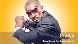  Presentation with sword - Presentation design with business suits competition - businessman with sword isolated background and a navy blue colored foreground