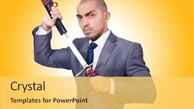  Presentation with sword - PPT theme with business suits competition - businessman with sword isolated background and a yellow colored foreground