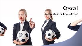  Presentation with football competition - Slide deck consisting of business suits competition - businesswoman with football on white background and a pink colored foreground