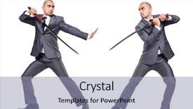  Presentation with sword - Colorful presentation theme enhanced with business suits competition - two men figthing backdrop and a light blue colored foreground