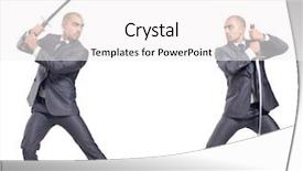 Presentation with sword - PPT layouts featuring business suits competition - two men figthing background and a white colored foreground