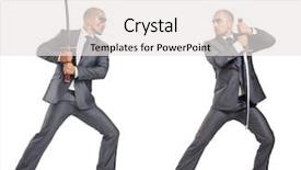  Presentation with sword - Beautiful PPT theme featuring business suits competition - two men figthing backdrop and a white colored foreground