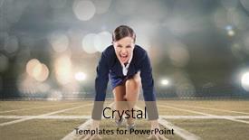  Presentation with stadium - Colorful slides enhanced with business suits competition - young attractive businesswoman at stadium backdrop and a coral colored foreground