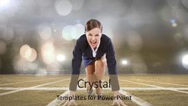  Presentation with generic seated cricket stadium - PPT theme featuring business suits competition - young attractive businesswoman at stadium background and a coral colored foreground