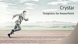  Presentation with stadium - Slides consisting of business suits competition - young businessman in suit running background and a sky blue colored foreground