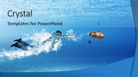 Presentation with pebble under ripple water - Colorful PPT theme enhanced with business suits competition - young businessman in suit swimming backdrop and a light blue colored foreground