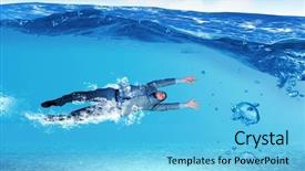  Presentation with business competition - Audience pleasing theme consisting of business suits competition - young businessman in suit swimming backdrop and a light blue colored foreground