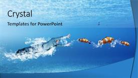  Presentation with business competition - Audience pleasing presentation theme consisting of business suits competition - young businessman in suit swimming backdrop and a light blue colored foreground