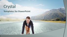  Presentation with office inauguration launch start up - PPT theme with business suits competition - young determined businesswoman standing background and a sky blue colored foreground