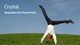  Presentation with outdoors - Theme having business suits sport - businessman doing cartwheel outdoors background and a ocean colored foreground
