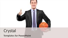 Presentation with basketball referee holding a basketball - Amazing presentation theme having business suits sport - happy businessman holding a basketball backdrop and a light gray colored foreground