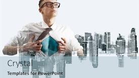  Presentation with hero business - Colorful slide set enhanced with business superhero double exposure concept backdrop and a light blue colored foreground