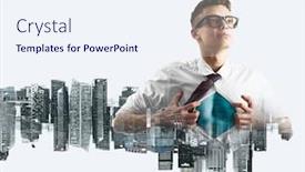  Presentation with hero business - Colorful slide deck enhanced with business superhero double exposure concept young businessman showing super hero suit under his shirt backdrop and a sky blue colored foreground