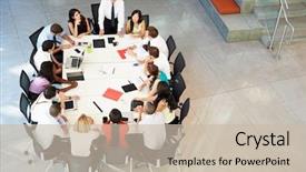  Presentation with meeting table - Presentation design with business team - businessman addressing meeting around boardroom background and a soft green colored foreground