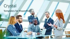  Presentation with new ideas - Colorful slide set enhanced with business team - modern employees voicing their opinions backdrop and a cool aqua colored foreground