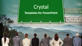  Presentation with green mountains - Presentation theme enhanced with business team against green road sign by mountains background and a forest green colored foreground