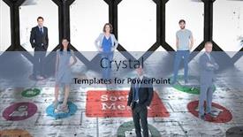  Presentation with hexagon - Colorful presentation design enhanced with business team against hexagon room backdrop and a seafoam green colored foreground