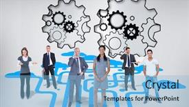  Presentation with team - PPT layouts consisting of business team against turning cogs background and a light blue colored foreground