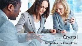  Presentation with business review - Theme with business team analyzing financial document background and a light blue colored foreground