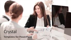  Presentation with performance - Colorful PPT theme enhanced with business team analyzing financial performance backdrop and a soft green colored foreground