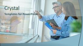  Presentation with sales - Beautiful presentation theme featuring business team analyzing sales results backdrop and a  colored foreground