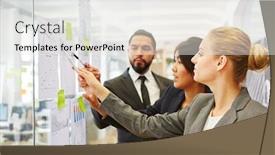  Presentation with team planning - Cool new slide deck with business team analyzing statistics and planning new strategy backdrop and a white colored foreground