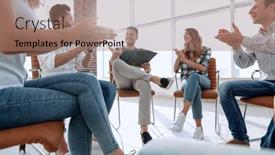  Presentation with project manager - Presentation theme featuring business-team-applauding-its-project background and a coral colored foreground