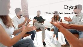  Presentation with project manager - Cool new slide deck with business team applauding its project backdrop and a light gray colored foreground