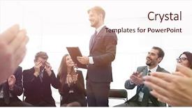  Presentation with coach - Slides having business team applauding the coach background and a sky blue colored foreground