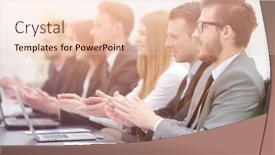  Presentation with speaker - Beautiful slides featuring business team applauding the speaker at the meeting backdrop and a lemonade colored foreground