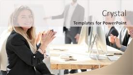  Presentation with speaker - PPT theme featuring business-team-applauding-the-speaker background and a sky blue colored foreground