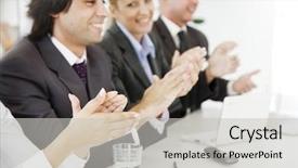  Presentation with business culture - PPT theme enhanced with business team applauding background and a light gray colored foreground
